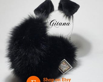 Black Faux Fur Puppy Ears Headband and Tail Set, Cosplay Costume Accessory Kemonomimi