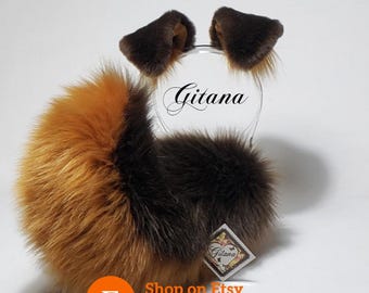 Brown Saddle Faux Fur Puppy Ears Tail Set, Cosplay Costume Accessory kemonomimi Custom Lolita