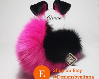 Black Fuchsia Faux Fur Puppy Ears Headband and Tail Set