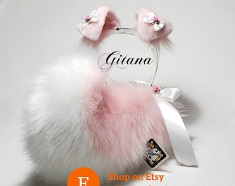 Pink White Puppy Ears Tail Set, Faux Fur Cosplay Costume Accessory