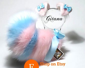 Cotton Candy Faux Fur Puppy Ears and Tail Set, Cosplay Costume Accessory, Stripe tail, kemonomimi, Furry, Custom, Animal Ears