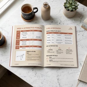 Könnte beinhalten: Ein offenes Buch mit Trainingsplänen und Ernährungstipps, zusammen mit zwei Teetassen, einer kleinen Pflanze und einer Flasche. Die Buchseiten zeigen Text und Diagramme für Kraft- und Mobilitätsübungen.