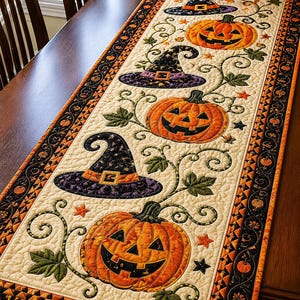 Halloween Pumpkin Table Runner, Witch Hat Quilted Fall Table Decor, Jack O Lantern Dining Runner, Spooky Halloween Home Decor