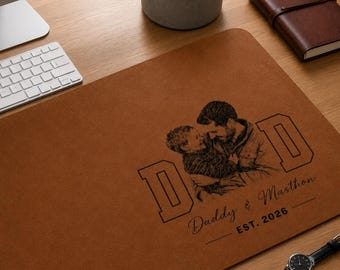 Personalized Dad Desk Mat Custom Photo Sketch Line Art Mouse Pad, Father’s Day Gift for Husband, Daddy & Kids Picture Desk Pad