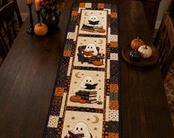 Halloween Reading Ghost Quilted Table Runner, Pumpkin Book Lover Fall Dining Decor, Spooky Ghost Autumn Table Decor, Halloween Gift