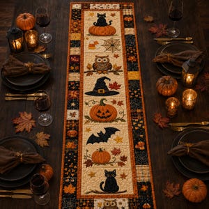 Halloween Table Runner, Quilted Fall Table Runner with Black Cat Pumpkin Bat Owl Witch Hat, Rustic Autumn Farmhouse Dining Table Decor Home