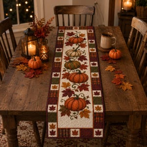 May include: A rectangular table runner featuring a central vertical row of four pumpkins in shades of orange and green, surrounded by colorful autumn maple leaves. The border consists of alternating squares of plaid fabric and small maple leaf motifs.
