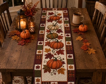 Fall Pumpkin Maple Leaf Table Runner, Quilted Autumn Harvest Table Runner, Thanksgiving Farmhouse Dining Table Decor, Rustic Home Gift