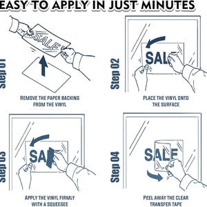 Peut inclure: Un guide &eacute;tape par &eacute;tape pour appliquer un autocollant en vinyle. L'image montre le processus de retrait du support, de placement du vinyle, d'application avec une raclette et de retrait du ruban de transfert. Le mot "SALE" est visible.
