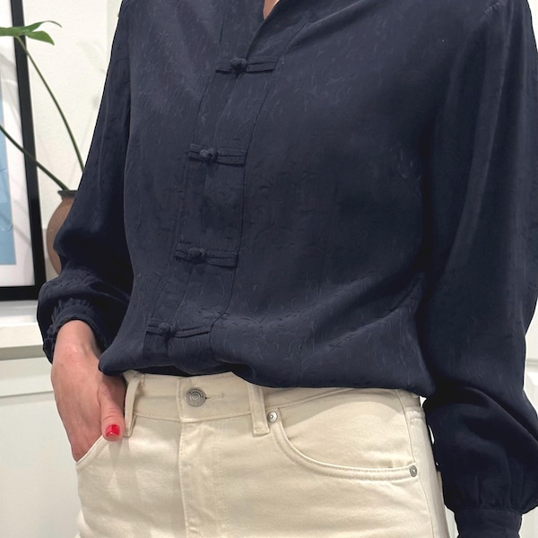 Vintage Jacquard Blouse | Mandarin Collar Navy Top | Asian Style Button-Up