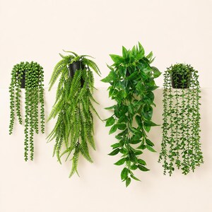 Set of 4 Trailing Faux Plants in Black Pots, Eucalyptus Fern Pothos and String of Pearls
