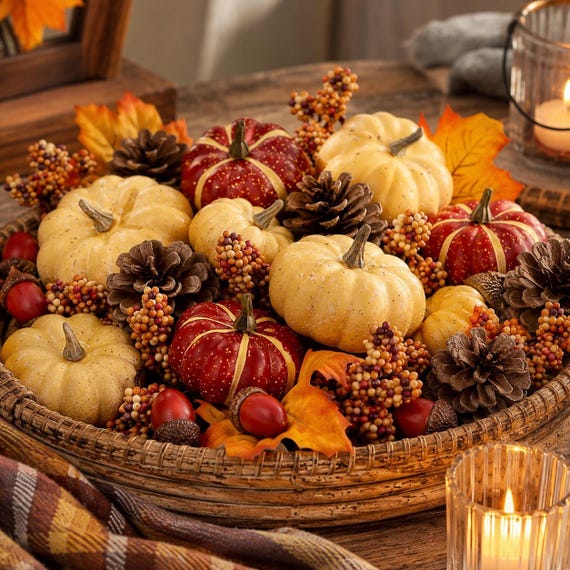 23 PCS Fall Pumpkin Decor Set, Mini Pumpkins Acorns Pinecones Berries Maple Leaves, Thanksgiving Table Centerpiece