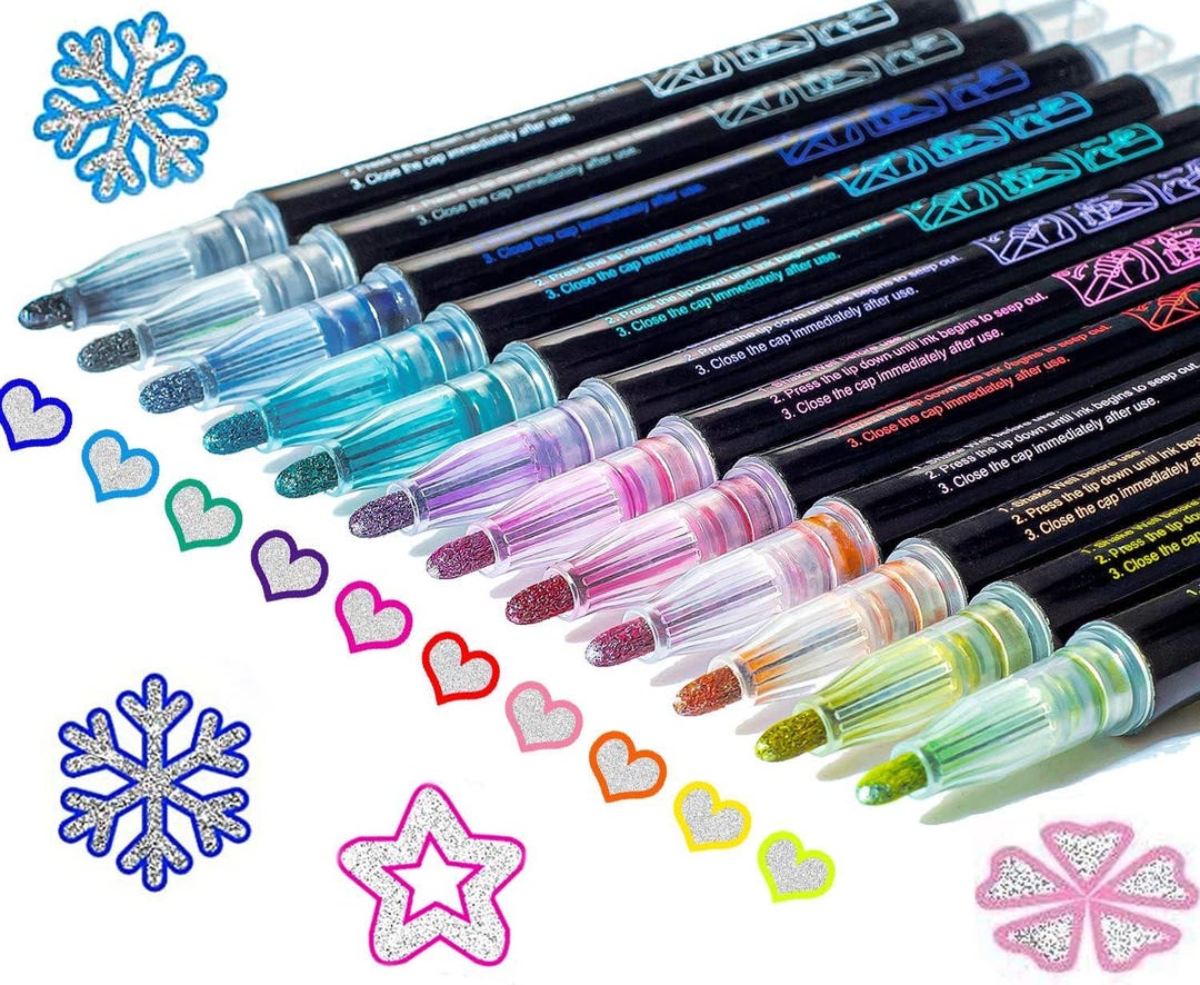 12 Color Glitter Outline Markers – Metallic Self Outline Pens for ...