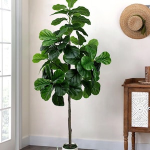 May include: A tall, artificial fiddle-leaf fig tree in a white pot. The tree has large, vibrant green leaves and a brown trunk. The pot measures 6.3 inches in diameter and 7.09 inches in height. The tree is placed in a well-lit room with a straw hat hanging on the wall.