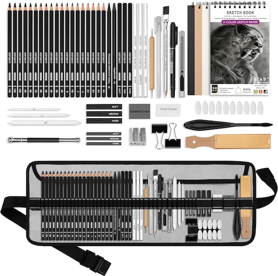 60-Piece Drawing Kit – Graphite & Charcoal Pencils, Sketchbook for Artists Beginners