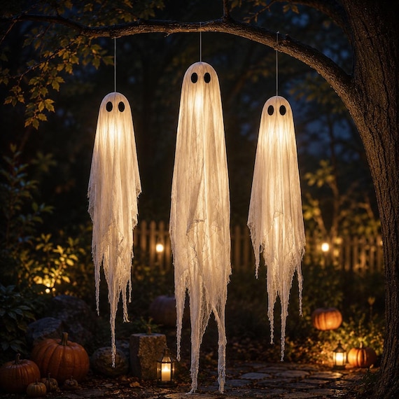 3 Pack Lighted Hanging Ghosts Halloween Outdoor Decor, 5FT and 4FT Ghost Decorations with Remote Timer for Porch Yard Tree