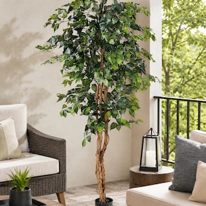 May include: A tall artificial ficus tree featuring a slender, twisted brown trunk and dense, vibrant green foliage. The plant is potted in a simple black cylindrical container, standing upright with realistic leaf textures and branching stems.