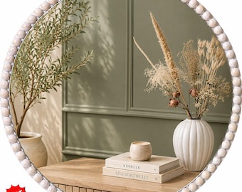 Boho Round Beaded Wall Mirror for Bedroom, Nursery & Living Room