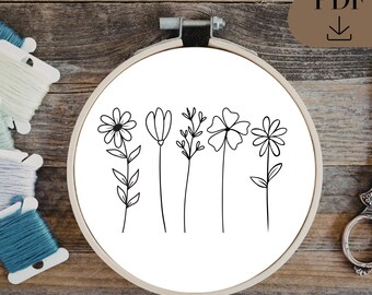 Minimalist Flowers Line Art | Floral Hand Emboridery Pattern, PDF in 6 sizes