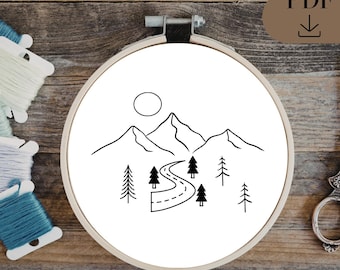 Hand Emboridery Template for Mountain Road | Mountains Template | PDF in 6 sizes
