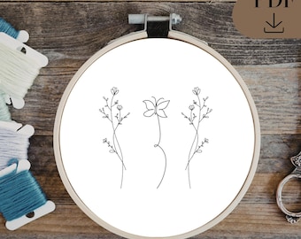 Minimalist Butterfly & Wildflowers | Floral Hand Line Art Emboridery Pattern, PDF in 6 sizes