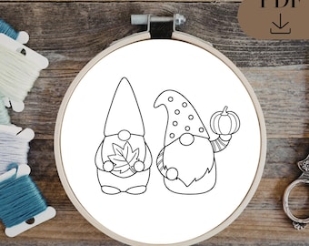 Fall Gnomes & Pumpkin | Autumn Embroidery Pattern, PDF in 6 sizes