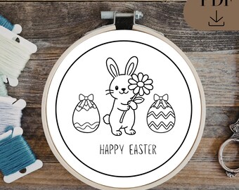 Happy Easter Bunny Hand Embroidery Pattern, PDF in 6 sizes