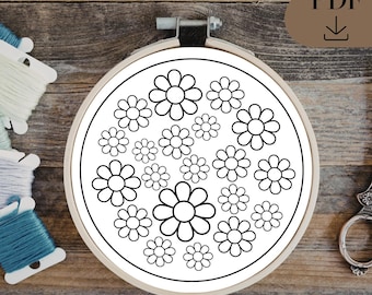 Minimalist Daisy Flowers | Floral Hand Emboridery Pattern, PDF in 6 sizes
