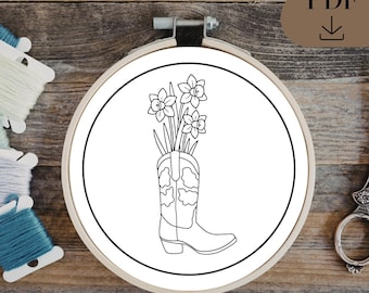 Cowgirl Boots with Daffodils Hand Emboridery Template,  Emboridery Pattern, PDF in 6 sizes