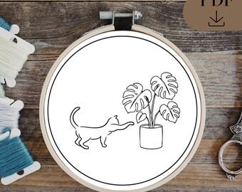Cat and Plant | Kitty and Monstera Embroidery Pattern (PDF in 6 sizes | Digital Download)