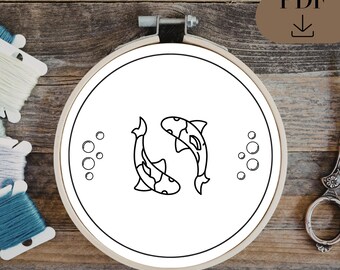 Koi Fish | Yin Yang Minimalist Embroidery Pattern (PDF in 6 sizes | Digital Download)