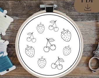 Hand Emboridery Template for Cottagecore Fruit | Cherry and Strawberry | PDF in 6 sizes