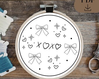 XOXO & Bows | Coquette Embroidery Pattern (PDF Digital Download) | PDF in 6 sizes