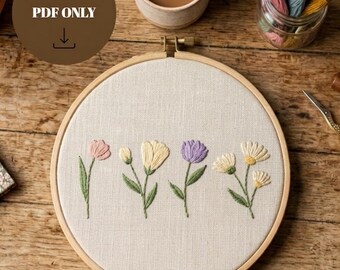 Minimalist Wildflower Meadow Row | Stitched Floral Hand Embroidery Pattern, PDF in 6 sizes