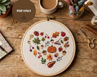 Autumn Harvest Heart | Fall Pumpkins & Leaves Embroidery Pattern, PDF in 6 sizes