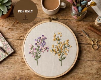 Delicate Floral Sprigs | Modern Botanical Hand Embroidery Pattern, PDF in 6 sizes
