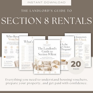 Puede incluir: Una guía digital titulada "The Landlord's Guide to Section 8 Rentals" con el texto "Descarga instantánea" en la parte superior. La guía incluye información sobre vales de vivienda y la preparación de propiedades. La imagen muestra varias páginas y un gráfico de "20 páginas".