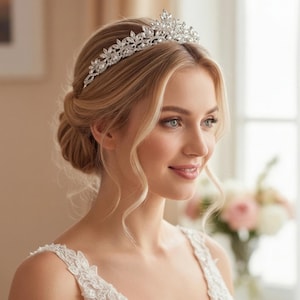Elegantes Braut-Diadem mit Marquise-Kristallen – Silberner Haarschmuck für Bräute - Prinzessinnen-Krone mit floralen Kristall-Details