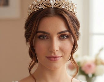 Elegante tiara de cristal en oro: joya para el cabello digna de la realeza, ideal para novias y ocasiones especiales.