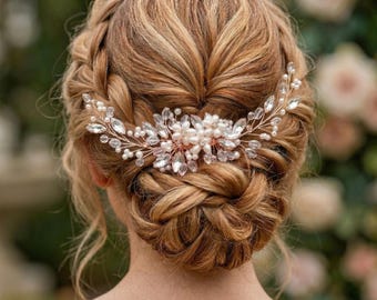Braut Haarschmuck Roségold mit Perlen & Kristallen • Haarkamm Hochzeit Boho Stil • Haarranke für Brautfrisur • Blumiger Haarschmuck