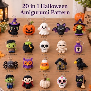Op de afbeelding: Een collectie van 20 gehaakte amigurumi-sleutelhangers met Halloween-thema's, waaronder een heksenkat, pompoen, spook, vleermuis, heks, Frankenstein, ketel, schedel, mummie, gifvlesje, spin, uil, candy corn, spookhuis, kraai, zombie, vampier, witte pompoen, suikerschedel en een kat met een bezem. De tekst 20 in 1 Halloween Amigurumi Pattern staat bovenaan.