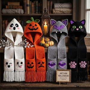 May include: Four crochet hooded scarves featuring Halloween themes: a white ghost, an orange pumpkin, a grey bat with purple accents, and a black cat with green eyes. Each scarf has long fringe and pockets. A sign reads ARTISAN HALLOWEAR Autumn 2026 Collection.