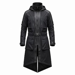Gothic Tactical Long Coat | Black Techwear Hooded Duster | Cyberpunk Utility Jacket | Darkwear Streetwear Coat | Unisex Trench Coat