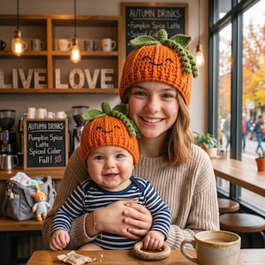 May include: Two matching orange crochet pumpkin hats featuring green stems and curly vines on top. Each hat has a stitched smiling face with black eyes and a curved mouth. The hats are made of textured yarn and are designed to be worn as headwear.