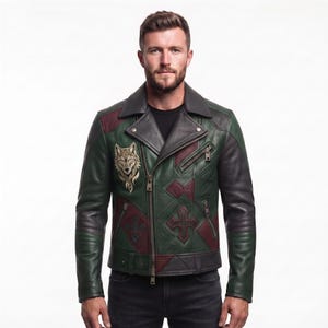 Chaqueta de cuero para hombre estilo motero / Diseño de cruz gótica / Chaqueta con parche bordado