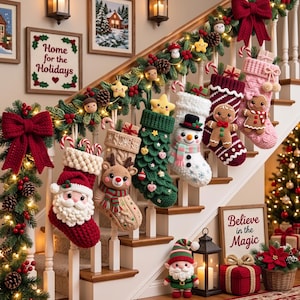 May include: A staircase decorated with five crocheted Christmas stockings featuring Santa, a reindeer, a tree, a snowman, and a gingerbread person. The garland includes small crocheted ornaments, lights, and pinecones. A crocheted gnome stands on the floor.
