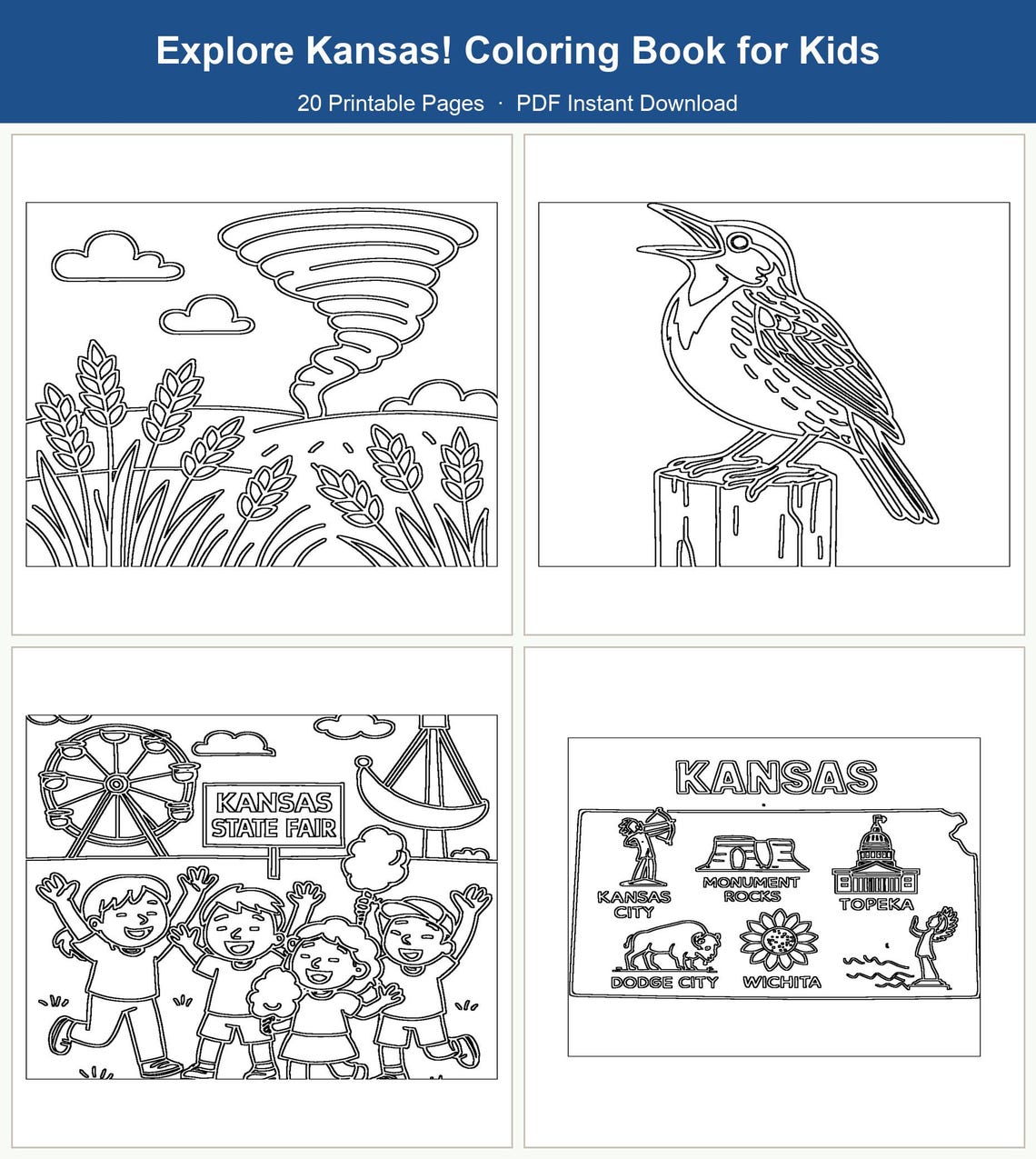 Coloring Book for Kids Kansas Themed 20 Fun Pages Printable Pdf Instant ...