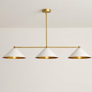 Halverwege de eeuw moderne koperen kroonluchter - 3 lichts lineaire keukeneilandhanger - handgemaakte gouden eetkamerplafondlamp