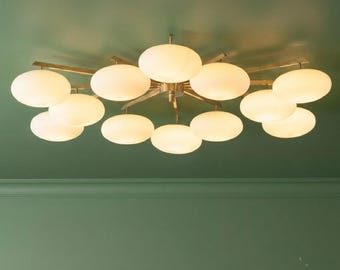 Italian Brass Ceiling Light, 12 Light Sputnik Chandelier, Mid Century Modern Flush Mount, Opal Glass Globe Pendant, Luxury Lighting