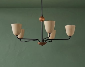 Fünfarmiger Kronleuchter aus Messing, Pendelleuchte im Mid-Century-Modern-Stil, Deckenleuchte mit Kegelschirm, Vintage-Hängelampe aus Messing